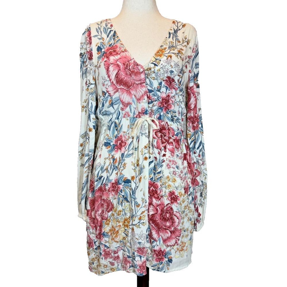 Billabong Floral Boho Dress M Long Sleeve Tie Waist Rayon Mini Lightweight